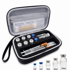 Peptide Case for Travel Fridge, 9-Slot Vial Organizer with Injector Storage | Peptide Vial Holder, 1ml, 3ml, 5ml, 10ml, 30ml, Bac Water, GLP-1 Injection Travel Case, Zipper Mesh Pocket, Durable EVA